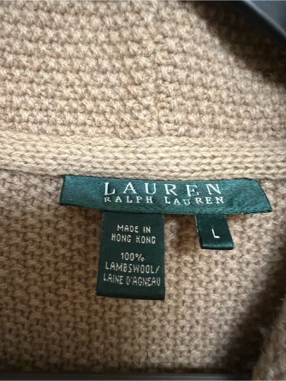 Lauren Ralph Lauren 100% Lambswool Shawl Collar Cardigan Sweater L Camel - Picture 4 of 11